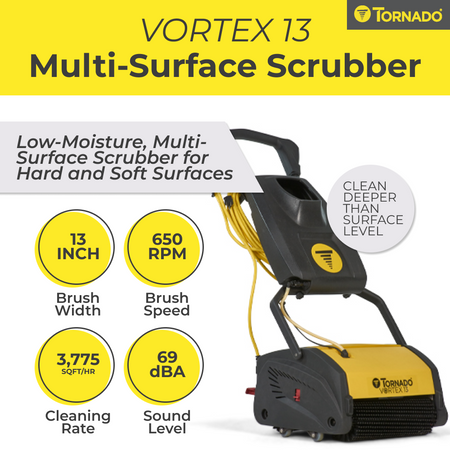 Tornado Vortex 13 Multi-Surface Scrubber with specifications on a yellow background