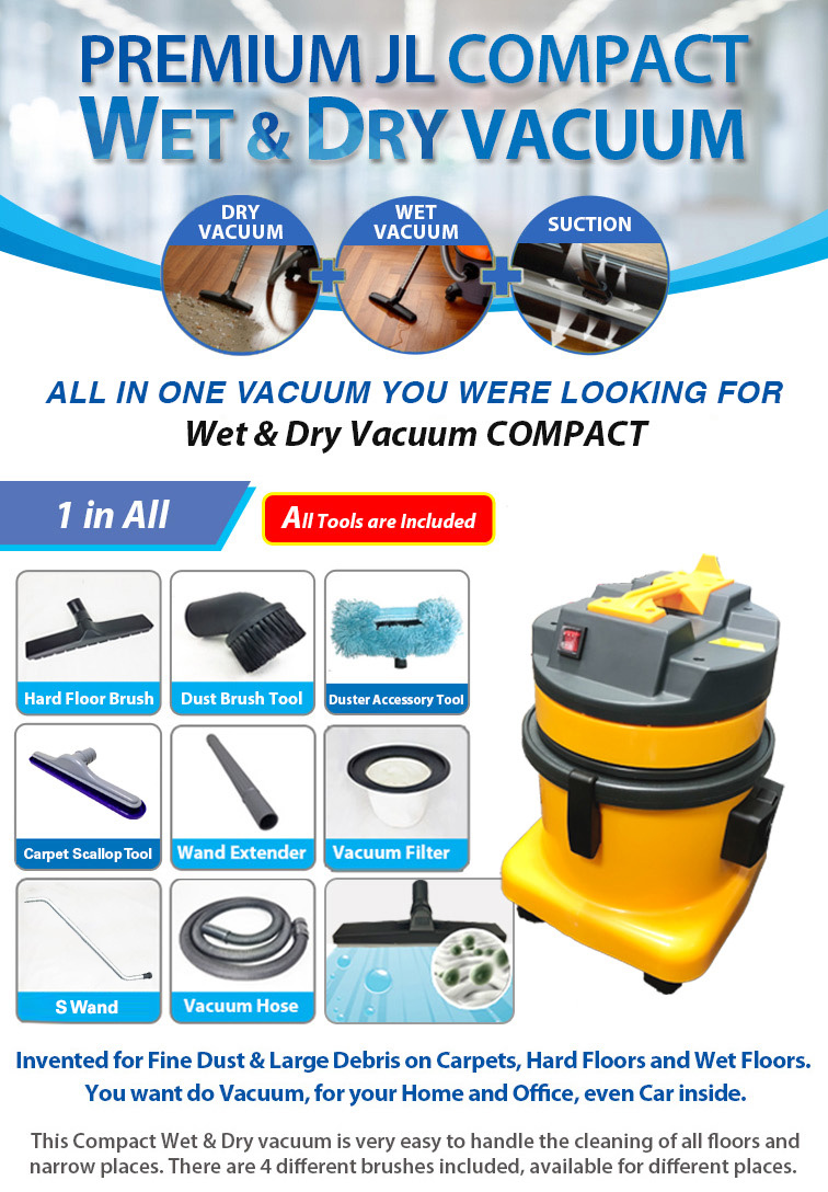 premium wet and dry vacuum, all in one, floor brush, wand extender, vacuum filter.