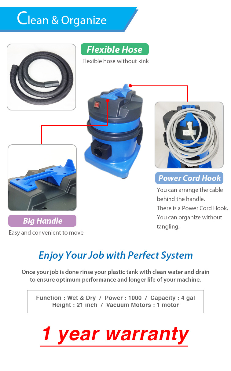 flexible hose, big handle, power cord hook, 1 year warranty.