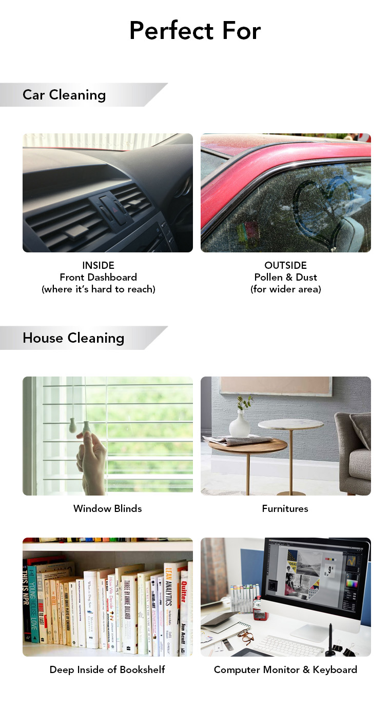 car cleaning, dashboard, pollen, dust, house cleaning, window blinds, furnitures, bookshelf, computer monitor, keyboard.