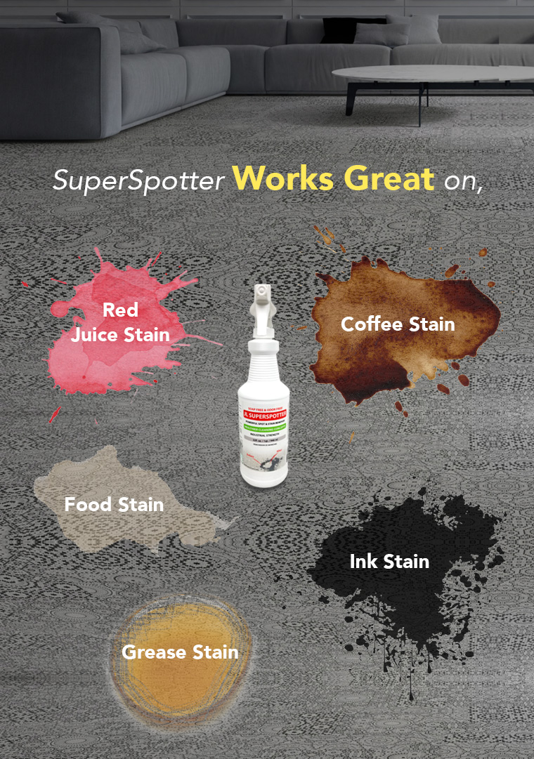 SuperSpotter Works Great on, Red Juice Stain, Coffee Stain, Food Stain, Ink Stain, Grease Stain